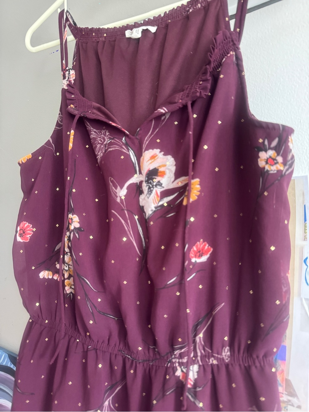 Plum Floral & Gold Foil Dot Sleeveless Dress Small - Picture 2 of 9